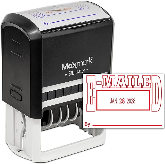 MaxMark Large Self-Inking Rubber Date Office Stamp with E-Mailed Phrase & Date - Red Ink, 12-Year Band - Style 5