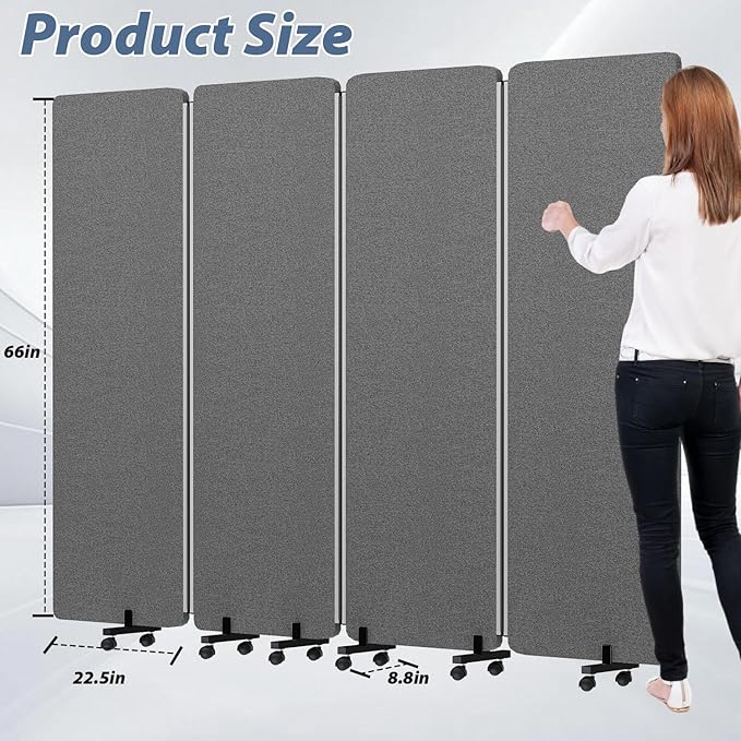 Acoustic Room Divider Privacy Panel with Wheels, 4 Panel Soundproof Room Divider (Aluminum Frame) for Room Partition, Folding Room Dividers Separation Office Cubicle Wall Sound Proof Partition Divider