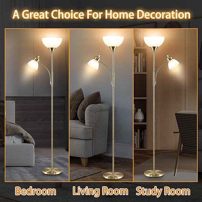 Floor Lamp, Dimmable Standing lamp, Stepless Dimming Brightness, Included 9W and 5W LED Bulbs, Industrial Floor Lamp for Living Room, Bedroom, Office, Reading