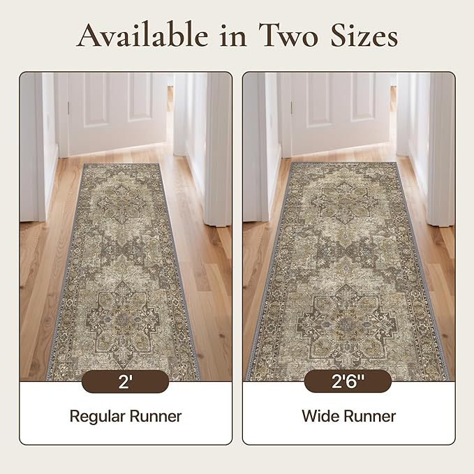 GENIMO 2'6''x6 Runner Rugs for Hallway, Machine Washable Non Slip Vintage Rugs, Low Pile Lightweight Soft Print Rug for enrtyway, Corridor, Home Office, Kitchen, Rustic Brown