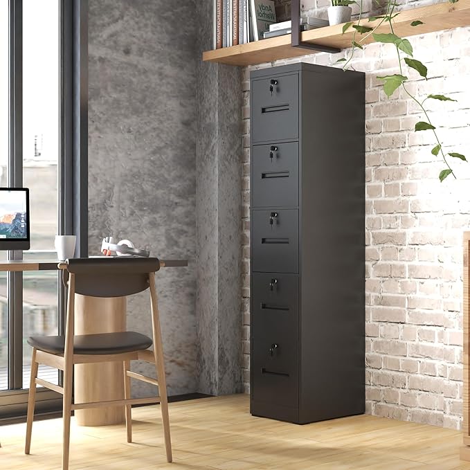 OPTYMIRA 5 Drawer Metal File Cabinet with 5 Unique Locks Black Heavy Duty Locking File Cabinets Home Office Steel Filing Cabinet Vertical File Cabinets for Legal/Letter Size File,Assembly Required