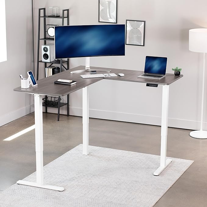 VIVO Electric Corner 63 x 55 inch L-Shaped Standing Desk, Memory Height Adjustment, Dark Gray Top White Frame, DESK-E3CTWG