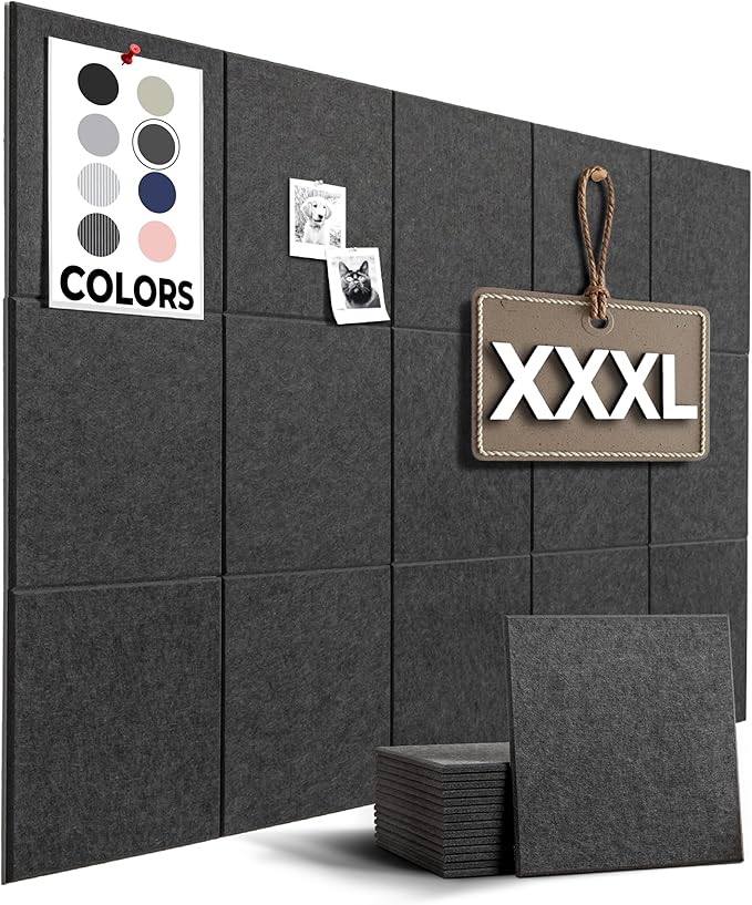 Cork Boards for Office, Dart Board Wall Protector, 59"x36" | 15 Pack | Black Bulletin Board, Cork Board, Cork Board Squares, Homasote Board, Bulletin Board Tiles (Gray Black)