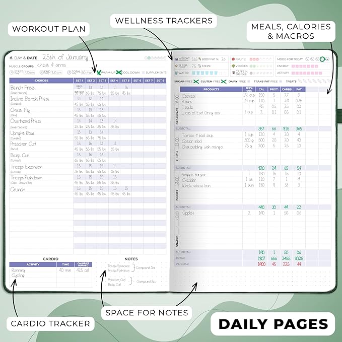 Clever Fox Fitness & Food Journal PRO – Daily Workout & Meal Planner for Women & Men – Exercise & Weight Loss Diary Notebook, 7.3x10.4” (Forest Green)