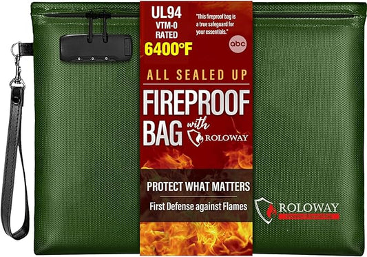 ROLOWAY Fireproof Document Bag (14.5 x 11.5 inch), 6400℉ Fireproof Money Bag with Zipper for Cash, Fire Safe Money Pouch with Lock (Green)