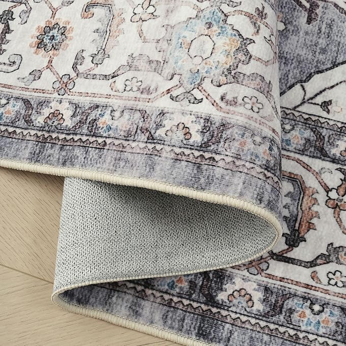 Rugcomf Vintage Medallion Rugs for Entryway 2'x3' - Door Mat Indoor Entrance, Machine Washable Area Rug, Non-Slip Low Pile Boho Carpet for Kitchen, Front Door, Bedroom, Kids Room - Grey and White