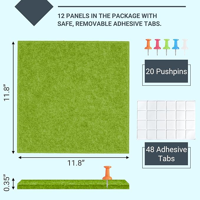 AKTOP Cork Board Bulletin Board 47"x35", 12 Pack Removable Felt Cork Board Tiles for Wall, Large Corkboard Notice Pin Board for Office, School & Home, 48 Safe Adhesive Tabs, 20 Push Pins, Grass Green