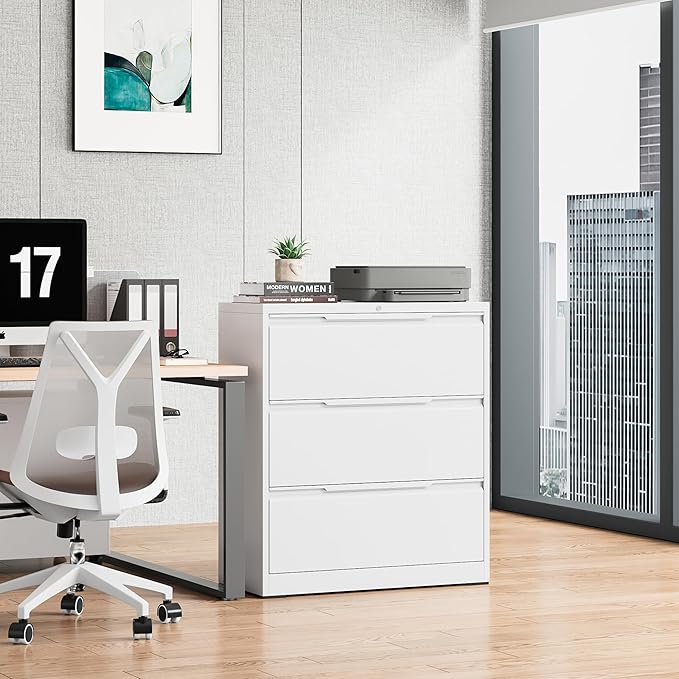 Bestoo 3-Drawer File Cabinet with Lock, Metal Filing Cabinet for Home Office, Lateral Filing Storage Cabinets, Fits File Folders, Letter/Legal/F4/A4 Size, Assembly Required (White)