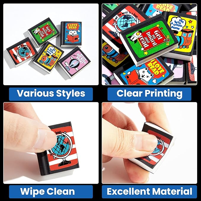 party greeting 100Pcs I Love to Read Pencil Erasers Fun Erasers Bulk for Kids Read Across America Prizes Drawing Sketching Supplies Reading Positive Reward Gift School Classroom Teacher Black