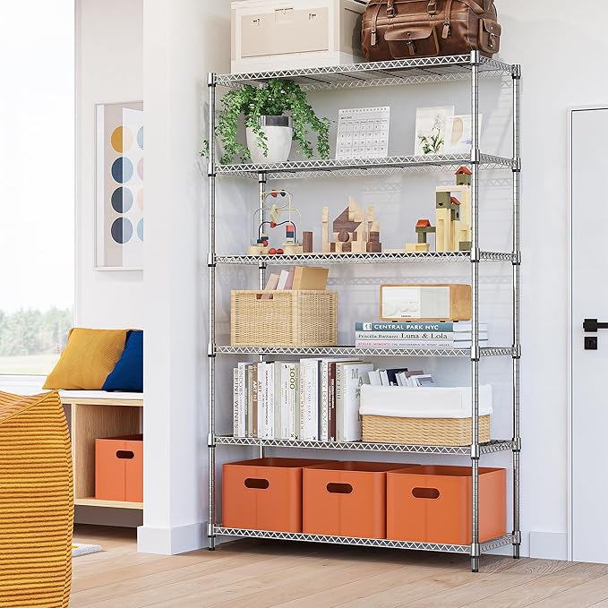 M MZG 6 Tiers Storage Shelves Load 2100LBS, Metal Shelving Wire Metal Shelving Unit Shelves for Storage Adjustable Garage Shelving for Pantry Kitchen Garage Chrome 17.7" D x 47.3" W x 82.4" H