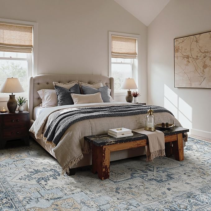 GENIMO 7'6''x9'6'' Area Rugs for Living Room, Machine Washable Non Slip Vintage Rugs, Low Pile Lightweight Chenille Print Rug for Bedroom, Dining Room, Home Office, Blue