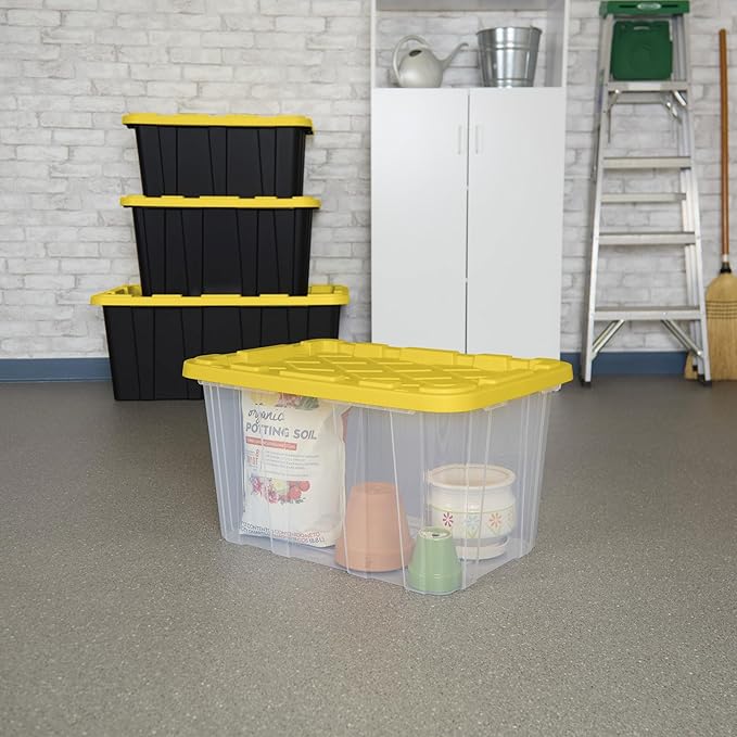Sterilite 16-Pack Industrial Storage Box, Clear Plastic Organizer Bins with Handles, 27 Gallon, Yellow - Stackable Container Boxes for Bedroom, Bathroom, Garage, and Office Organization
