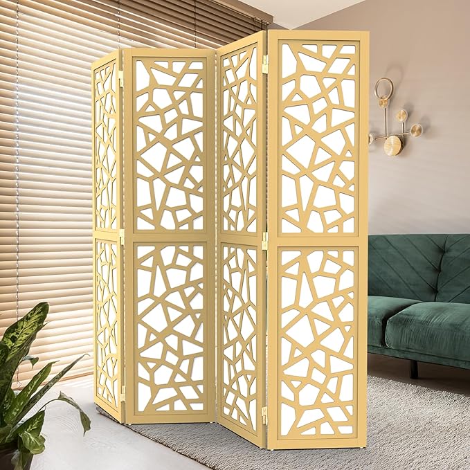 VINGLI 70'' H Room Divider, Non-Woven Fabric Privacy Screen, Indoor Partition Wall Dividers, Freestanding Hinged Space Separator with Modern Unique Pattern (Gold, 4 Panel)