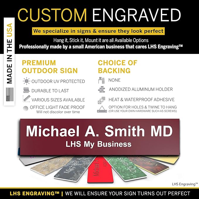 Personalized Name Plate with Choice of Mounting Holders for Walls, Doors, Cubicles, Hanging and More - Custom Burgandy Plastic White Letters - USA Made 2x12 - B26