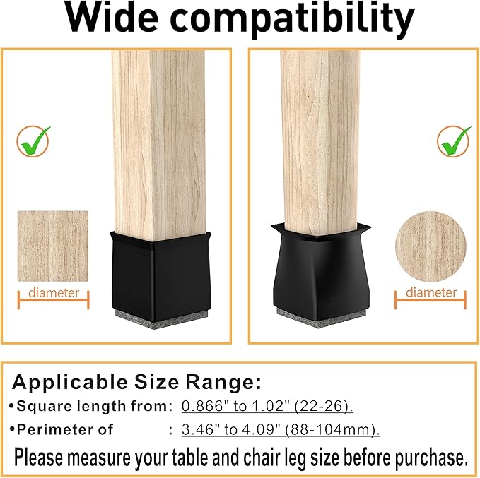 Square Chair Leg Protectors for Hardwood Floors, 24 Pcs Silicone Felt Furniture Leg Cover,.7/8" - 1".Black.