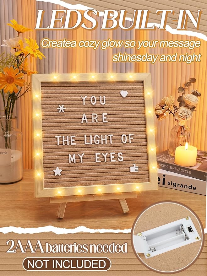 Changeable Felt Letter Board with LED Lights - 10×10" Message Custom Signs & Wood Stand & 450 Letters, Poster Board for Valentine's Day/Baby/Pregnancy Announcement/Classroom Wall Decor Gifts, Camel
