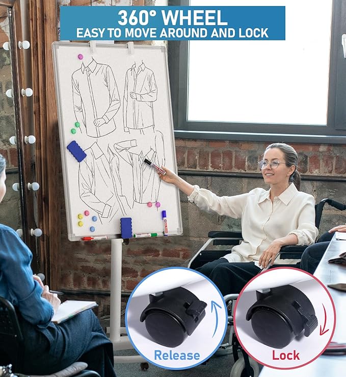 Nicpro Mobile Whiteboard 36"x 24" Magnetic Dry Erase Board, Height Adjustable Standing Easel With 5 Wheels, Flipchart Hooks, Rolling for Office Home or Classroom Teaching