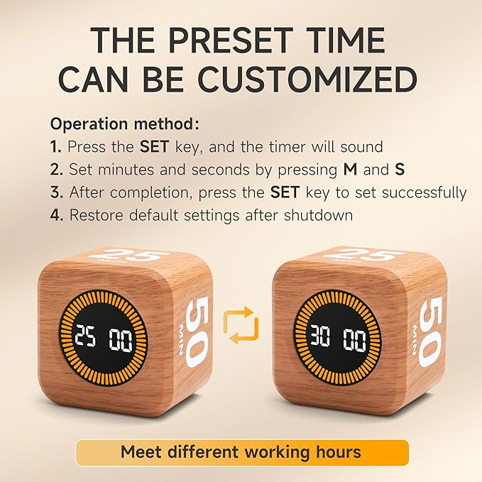Rotating Productivity Timer 5, 25, 10, 50 Minutes Preset, Desk Cube w/Gravity Sensor for ADHD, Mute Functions, Ideal for Work, Study, Kitchen, Back to School (1, Wood Grain Finish)