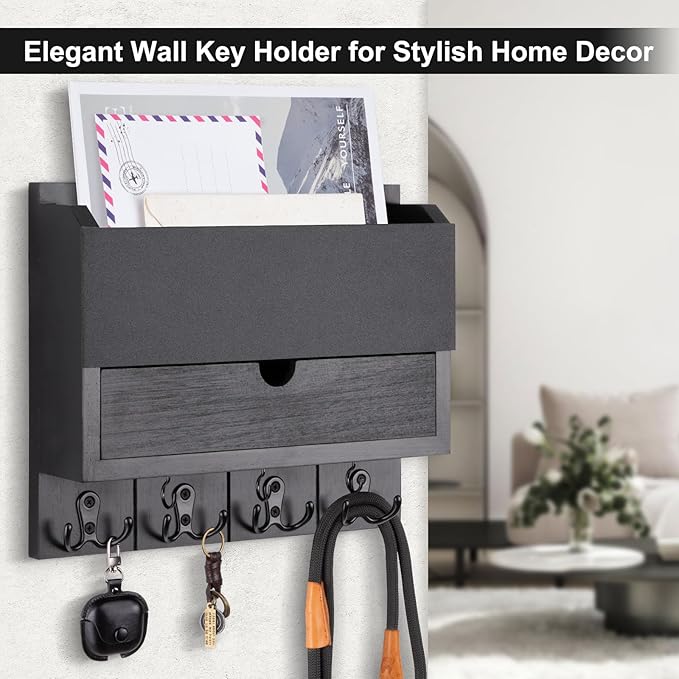 Lucundm Mail and Key Holder Wall Mount with Storage Drawer – Modern Wooden Mail Organizer for Wall Entryway, 7 Key Hooks & Chalkboard Panel – Stylish Home Decor for Apartments, Living Room, Office
