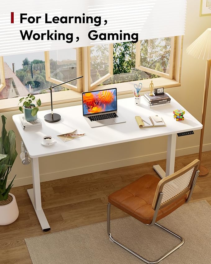 SANODESK Electric Standing Desk 71 x 32 Inches Height Adjustable Stand Up w/6-Button Controller Ergonomic Computer Desk with Splice Board for Home Office, White Frame + White Tabletop