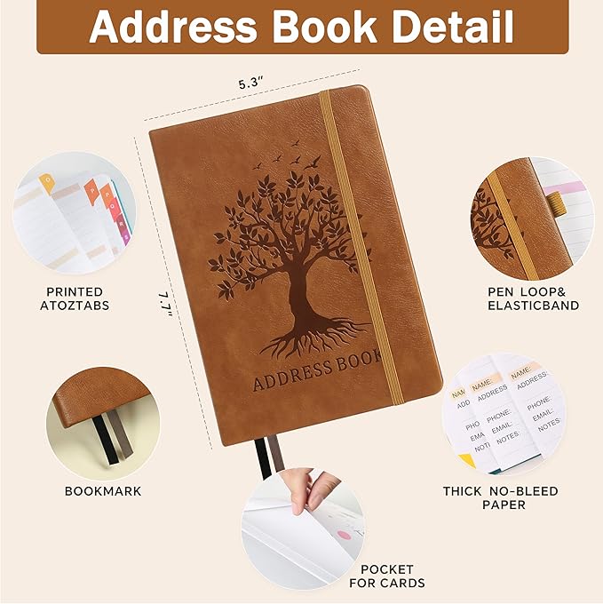 Address Book with Colorful Alphabetical Tabs (8.4" x 5.8") - Hardcover Telephone and Contact Organizer, with Space for Important Website Passwords and Software Licenses - Brown