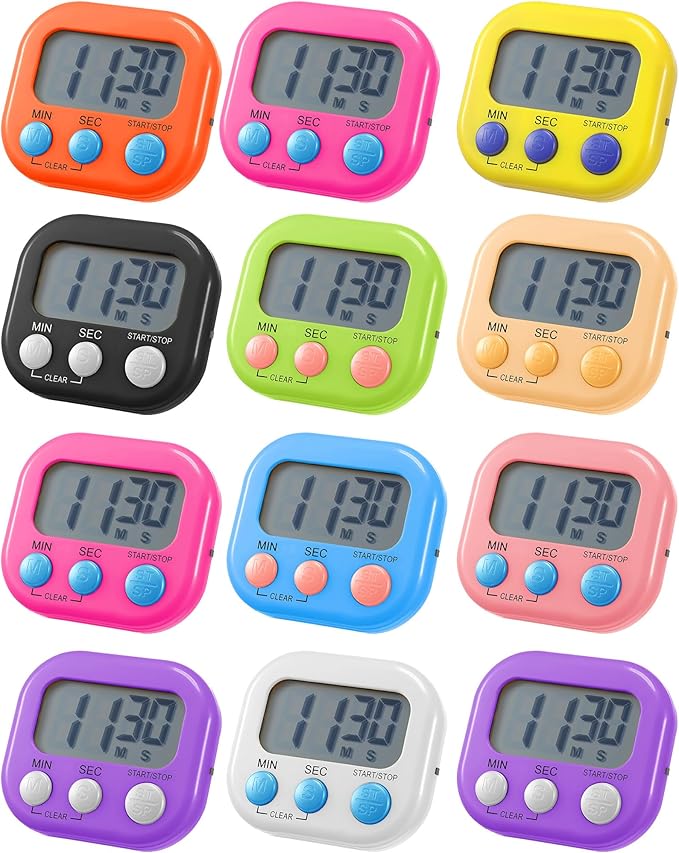 Weewooday 12 Pcs Digital Kitchen Magnetic Timer Bulk Classroom Count up Countdown Timer Large Digits Egg Loud Alarm Cute Desk Stopwatch for Teacher Kids Cooking Office (Multicolor,Vibrant Style)