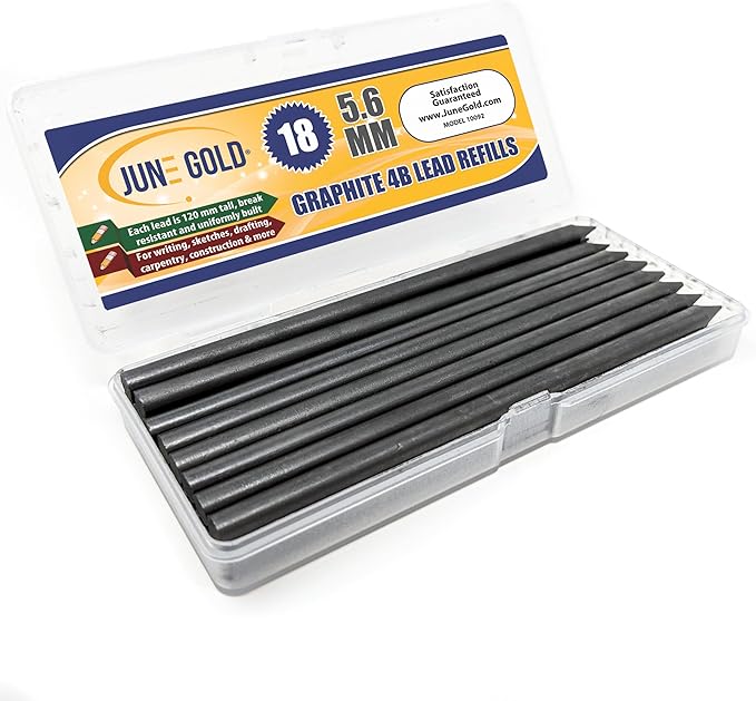 June Gold 18 Pieces, 5.6 mm 4B Lead Refills, 120 mm Length, Extreme Bold Thickness, Break Resistant Lead/Graphite