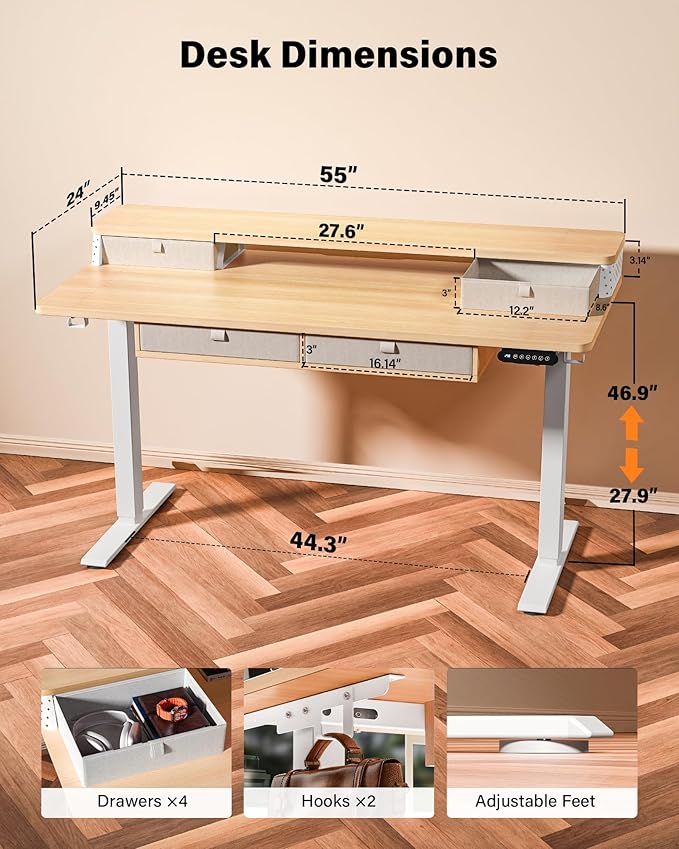 FiCiHi Electric Standing Desk with Four Drawers, Adjustable Height Sit Stand Desk, C-Clamp Compatible Home Office Desk with Storage Shelf & Monitor Stand Riser, 55 x 24 Inch, Maple