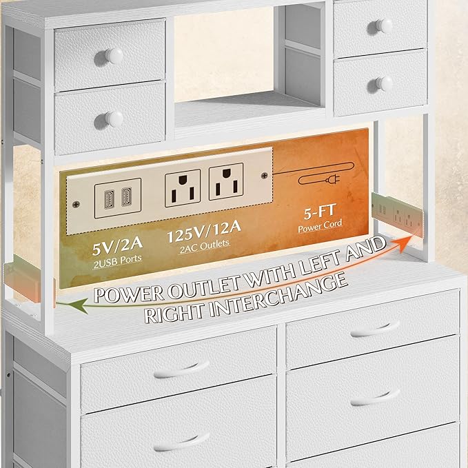 EnHomee 62.8" H Dresser for Bedroom with Multiple Fabric Drawers,White Dresser with Charging Station and LED Lights,Dressers & Chests of Drawers for Bedroom, Steel Frame & Wooden Top, Entryway
