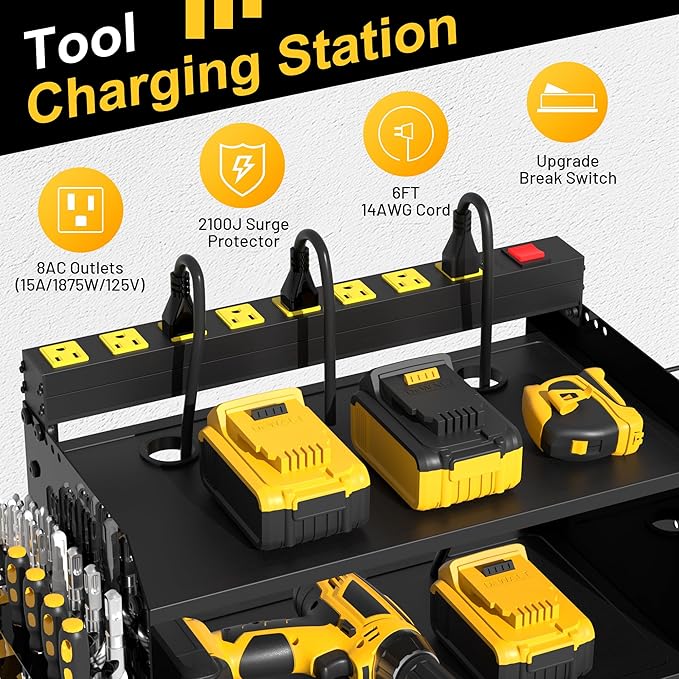 CFMASTER Power Tool Organizer Wall Mount with Charging Station-Heavy Duty Modular System with 4 Drill Holder,8-Outlet Power Strip,3 Shelves,Battery Racks,Hooks & Cord Management for Garage Workshop
