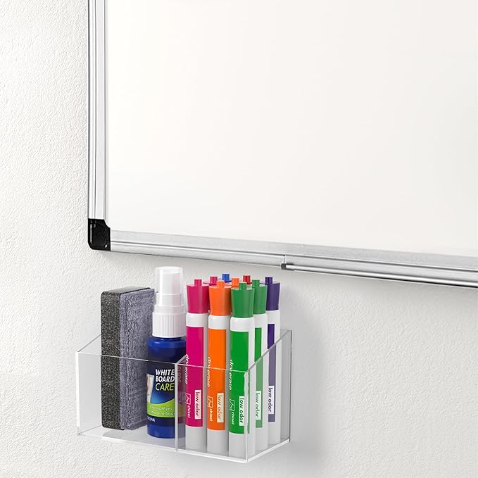 HBlife Magnetic Dry Erase Marker Holder for Whiteboard with 2 Compartments, Acrylic Wall Mount Magnet Pen Pencil Holder for Refrigerator, Locker Organizer Accessories for Classroom Office, Clear