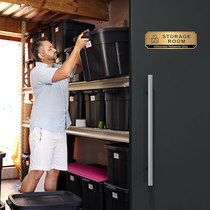 Storage Room Sign for Business Door, Self-Adhesive Durable Modern Brushed Gold Storage Sign, UV and Weather Resistant Authorized Personnel Only Sticker for Home, Business, Restaurants, Private Area
