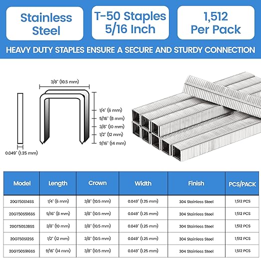meite T-50 Stainless Steel Staples Marine, 5/16 Inch Heavy Duty Staples for Staple Gun - 20 Gauge 3/8 Inch Crown T-50 Upholstery Staple for Salt Water, Marine Applications (10 Packs)
