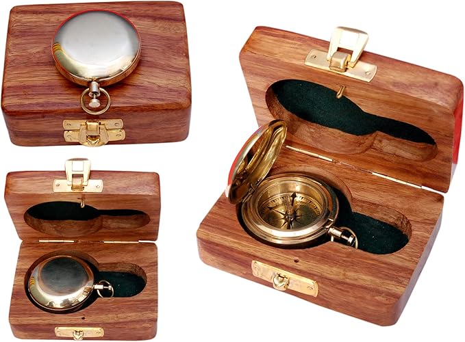Bazross Brass Nautical Compass with Wooden Case - Antique Brass & Copper Sun Clock for Camping, Hiking, Touring - Engraved Gift for Him - Nautical Clock - Compass Gift