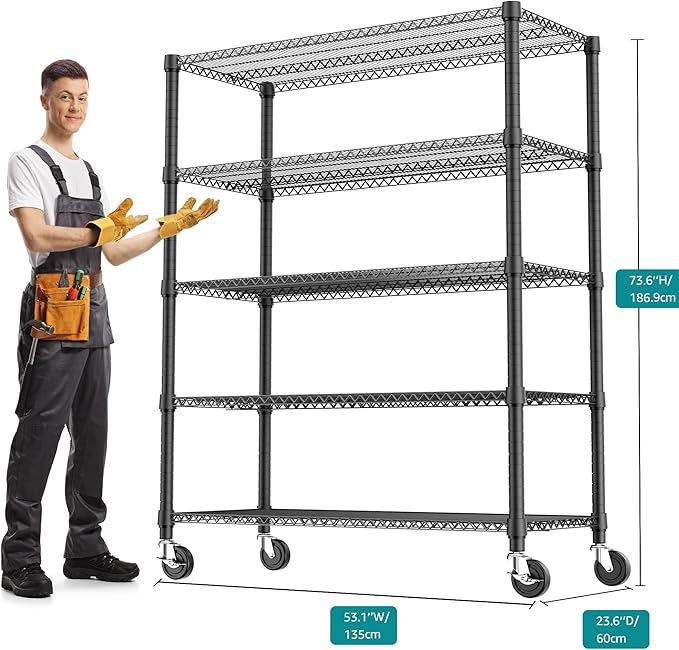M MZG 5 Tiers Shelf 3300 lbs Steel Storage Shelving Utility Shelving Unit Steel Organizer Wire Rack for Home,Kitchen,Office,Garage Black 23.6" D x 53.1" W x 73.6" H