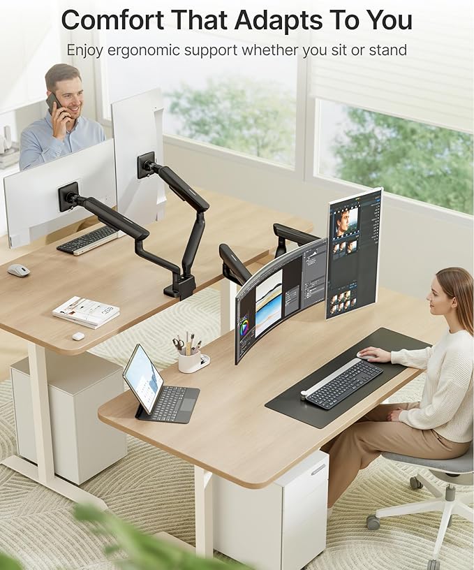 monTEK Dual Monitor Arm with USB, Mechanical Spring Monitor Arm for 17-35" Screens, Adjustable Monitor Desk Mount Each Holds up to 24.2 lbs with C Clamp/Grommet Desk Mount, VESA 75/100mm, MA1011UCBK-D