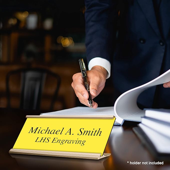 Door Name Plate Personalized for Office Yellow Plastic Name Plate Black Letters - Made in USA 2x8 B4