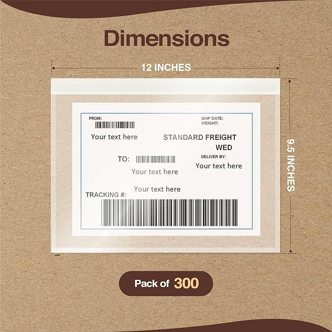9.5x12 Shipping Label Sleeves 300 Pack Strong Adhesive Back for Secure Package Labelling, Protects Documents with Packing Slip Pouches Packing Sleeves for Mailing and Packaging -WaterProof and Durable