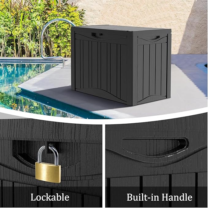 Yardgrace 50 Gallon Plus Outdoor Storage Box, Waterproof Resin Deck Box for Patio, Pool, and Garden, Lockable Bin for Cushions, Tools, and Accessories, UV-Resistant, Black
