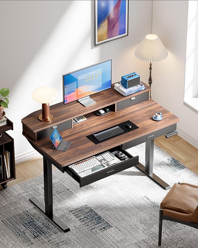 HUANUO 55 x 30 inch Electric Standing Desk with Wood Drawers, Adjustable Height Sit Stand Home Office Desk with Two Tiers, Ergonomic Adjustable Stand up Desk C-Clamp Monitor Mount Compatible, Walnut