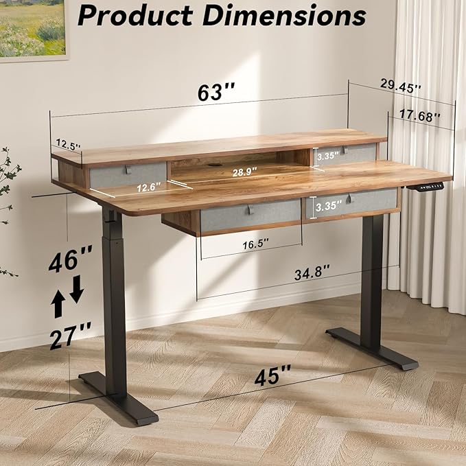 FiCiHi Adjustable Height Standing Desk with 4 Drawers,63 x 30 inches Electric Sit Stand Desk for Home Office,3 Memory Presets,Monitor Stand Riser,USB A/C Charging Port