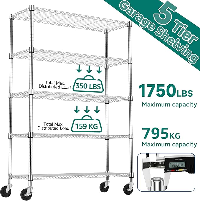 M MZG 5 Tiers Shelf 1750 lbs Steel Storage Shelving Utility Shelving Unit Steel Organizer Wire Rack for Home,Kitchen,Office,Garage Chrome 17.7" D x 47.2" W x 76.8" H