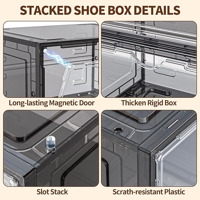 TOFWOF 12 Pack XX Large Shoe Organizer, Heavy-Duty Hard Thicken Plastic Clear Stackable Shoe Storage Box Organizer for Closet, Space-Saving Shoe Rack Display Case Bin Containers for Sneakers, Grey