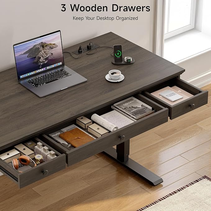 ONBRILL Standing Desk with Drawers, 55 x 23 Inch Electric Height Adjustable Desk with Storage & Outlets, for Computer Workstation, Home Office, Retro Curved Table Corner Design, Black Walnut