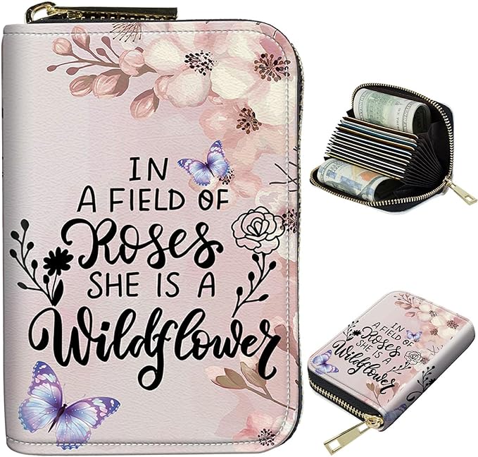 BWEGRHE Cute Credit Card Holder with Zipper, Sakura Butterfly RFID-Blocking Card Case Small Wallet for Women Men, Multi-slot Card Organizer Case Travel Accordion Wallet