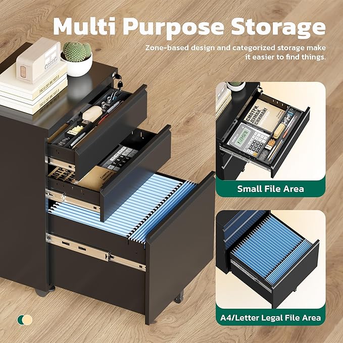 Greenvelly 3 Drawer Mobile File Cabinet with Lock, Fully Assembled Rolling File Cabinet Except Casters, Under Desk File Cabinet with Wheels for Home Office Fit Legal/Letter/A4 File (Assembled, Black)