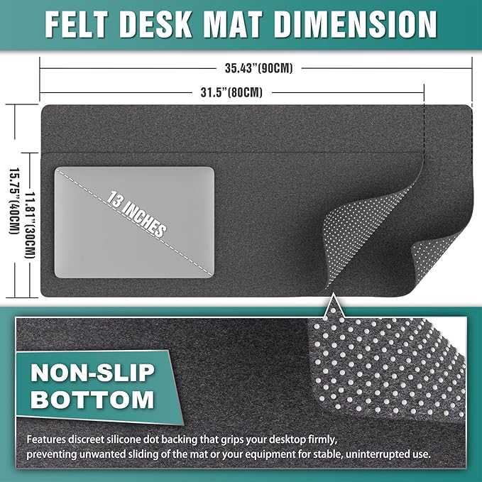 K KNODEL Felt Desk Mat, Large Desk Pad Protector, Office Computer Desk Mat for Keyboard, Non-Slip Mouse Pad (Dark Gray, 31.5"x11.8")