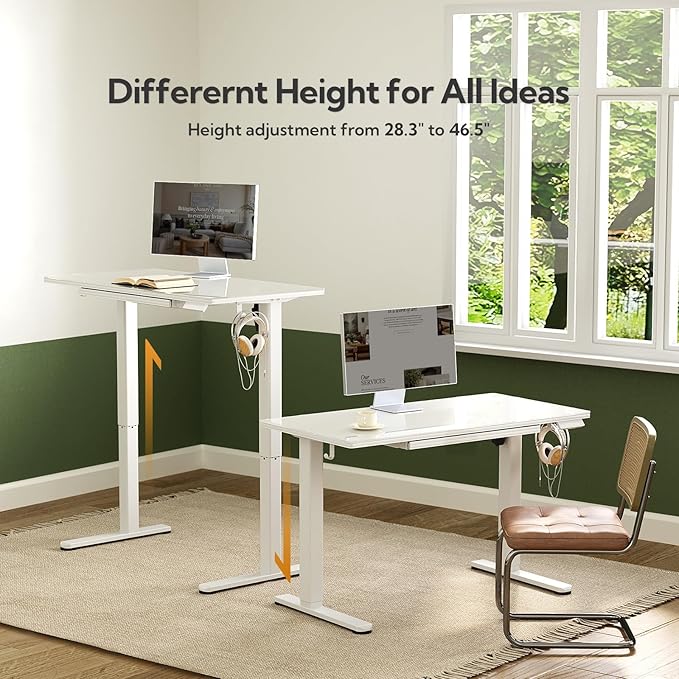 INNOVAR Glass Standing Desk with Drawers, 40 x 24 Inches Electric Height Adjustable Desk, Tempered Glass Top Stand Up Desks for Home and Office, White