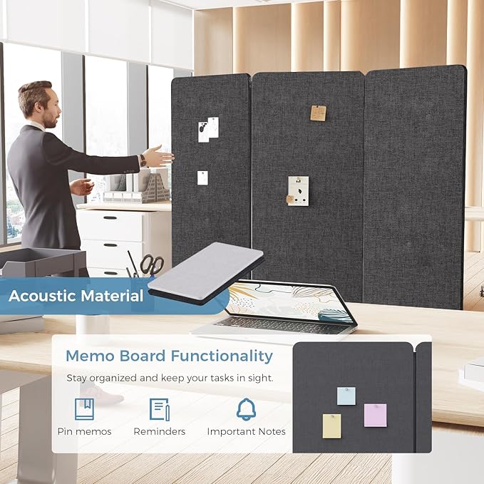 MORDEER 70.8" W x 63" H Freestanding Partition Room Dividers, Acoustic Panels with Wheels, 3 Soundproof Privacy Panels for Office, Reception Room, School, Hospital, Dark Grey