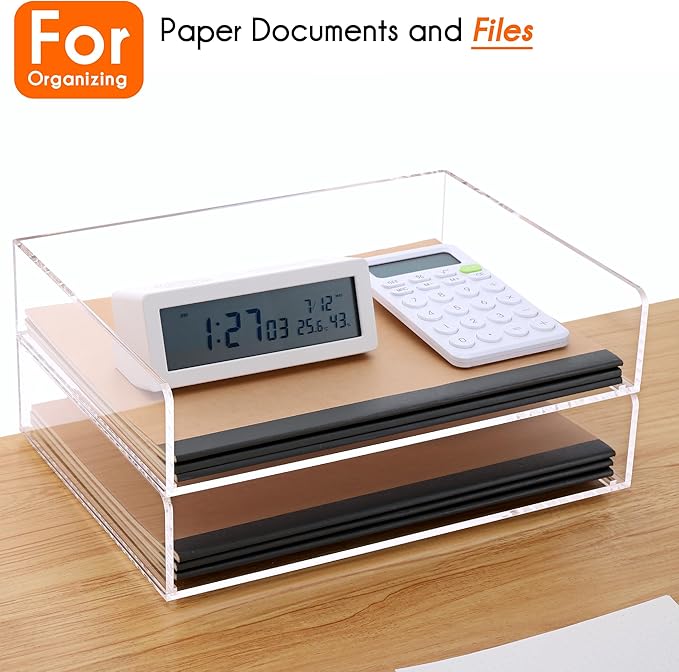 HeZone Paper Organizer, 2 Tier Stackable A4 Size Acrylic Letter Tray, Office/Home/School Organization - Clear